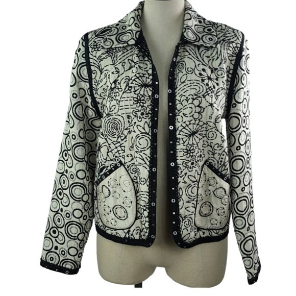 Jacquard Circle Geometric Pattern Black cream embellished women open blazer M - Picture 1 of 11